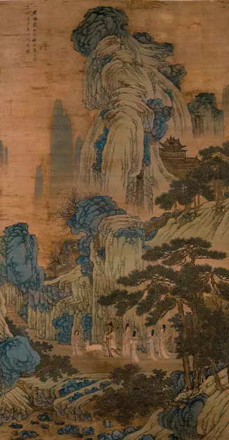 Shen Zhou, 1427–1509, China, Ming dynasty, Xie An’s Excursion on the Eastern Mountain, dated 1480. Hanging scroll, ink and color on silk, 66 9/10 x 35 inches.Wan-go H.C. Weng Collection.