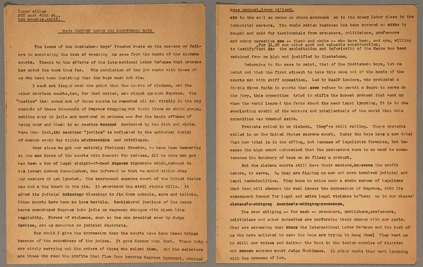 Loren Miller, “Mass Protest Saves the Scottsboro Boys,” March 16, 1933. First two pages of a three-page draft article written by Miller for the Daily Worker in response to William Patterson’s letter of February 14, 1933. The Huntington Library, Art Museum, and Botanical Gardens.