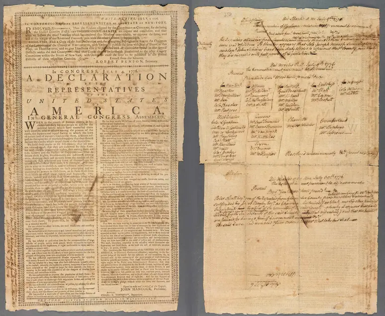 Declaration of Independence, New-York: Printed by John Holt, in Water-Street, 1776, with the manuscript minutes of John McKesson, secretary of New York's Provincial Congress, July 9-30, 1776. RB 81684