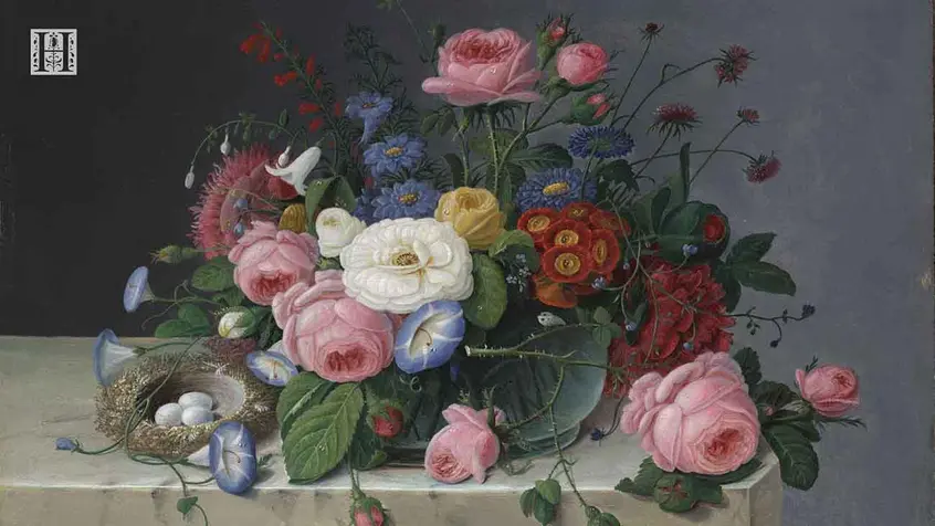 Still Life with Flowers and Bird's Nest (after 1860) by Severin Roesen. Credit line: The Huntington Library, Art Museum, and Botanical Gardens. Gift of the Virginia Steele Scott Foundation.