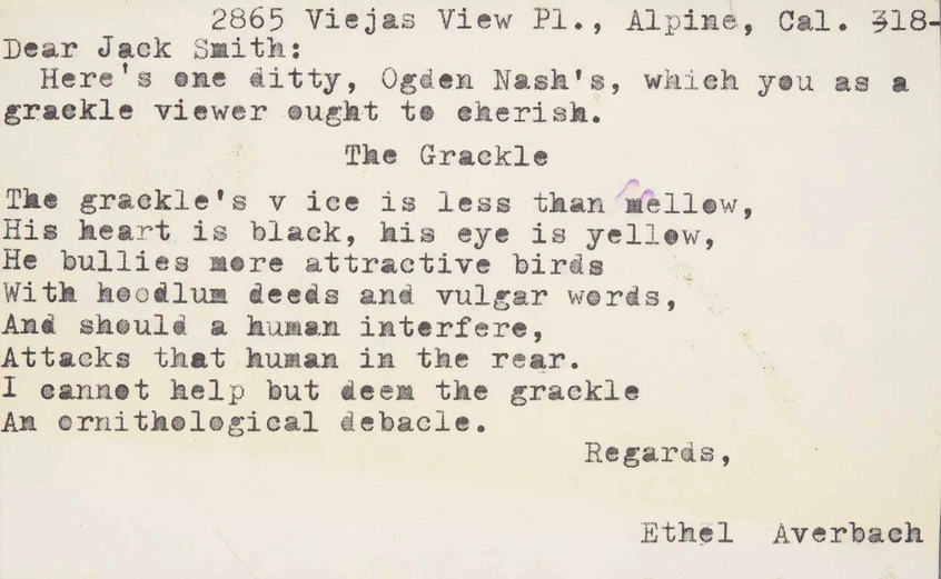 Ethel Averbach postcard to Jack Smith