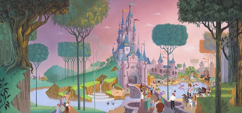 A fanciful pink and blue painting of Sleeping Beauty's castle stands above visitors and a parade of horses and knights at Disneyland Paris