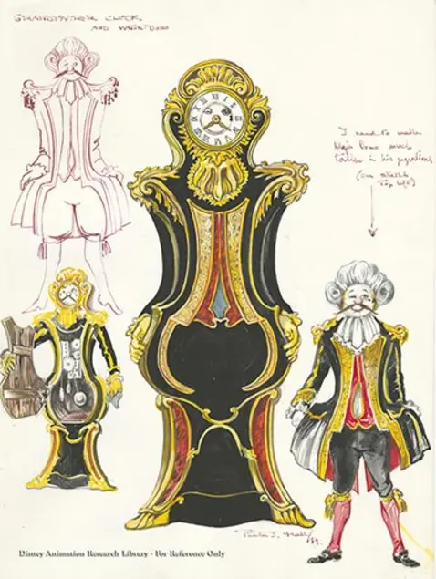 Hand drawn concept sketch in both pencil and full-color of Cogsworth, an 18th century French aristocrat turned ornate clock in 1991's Beauty and the Beast.
