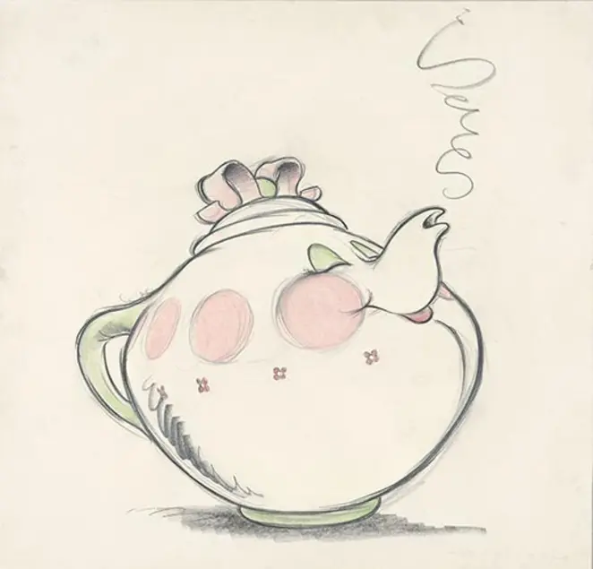 A pencil and pastel color sketch of a talking tea pot with a pink ribbon on the lid, pink circles wrap around the middle, and the spout acts as her nose.