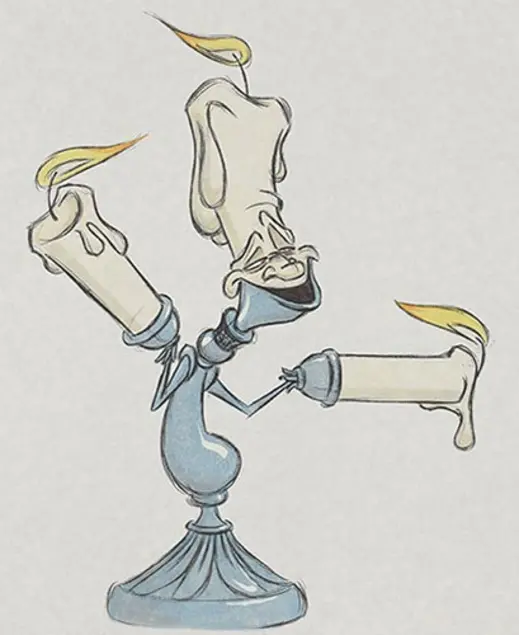 A blue and pearl white concept art sketch of Lumiere, a talking candelabra. Two lit candles act as his hands, a third in the middle is adorned with eyes, nose, and a mouth.