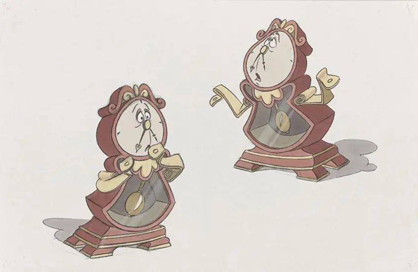 A color sketch of Cogsworth, the talking desk clock. Two poses show him worried, with his "hands" stretched out and a worried look on his (clock) face.