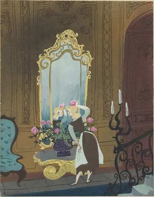 Cinderella stares into a mirror just to the side of a set of stairs, holding a pink flower on her head as if it were an ornamental crown.