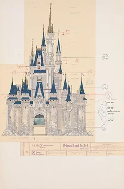 Architectural, two-dimensional sketch drawing of castle. Illegible hand-written notes point to various points on the sketch which may denote various heights, colors, and materials needed.