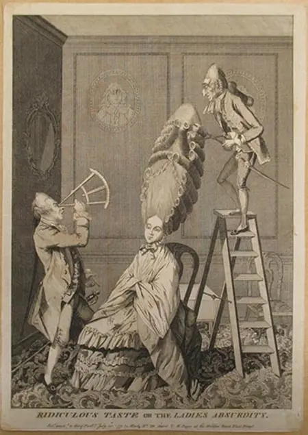 A black and white print of of two men using 18th century measuring tools to measure the height of a woman's extraordinarily tall, and manicured hair. One man uses a sextant while the other stands on a tall ladder using some sort of measuring pliers.