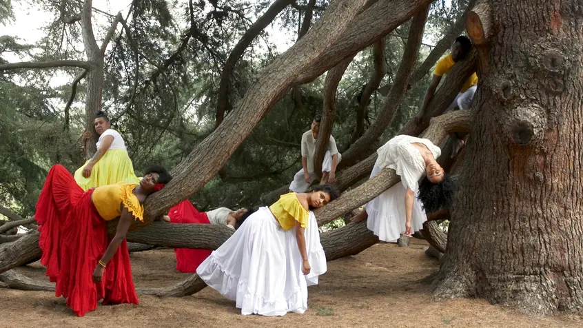 Video still depicting dancers in the gardens at The Huntington for Apariciones/Apparitions, a video work by Carolina Caycedo. Choreography by Marina Magalhães; cinematography by David de Rozas. Jointly owned by The Huntington Library, Art Collections, and Botanical Gardens and the Vincent Price Art Museum Foundation. Image courtesy of the artist.