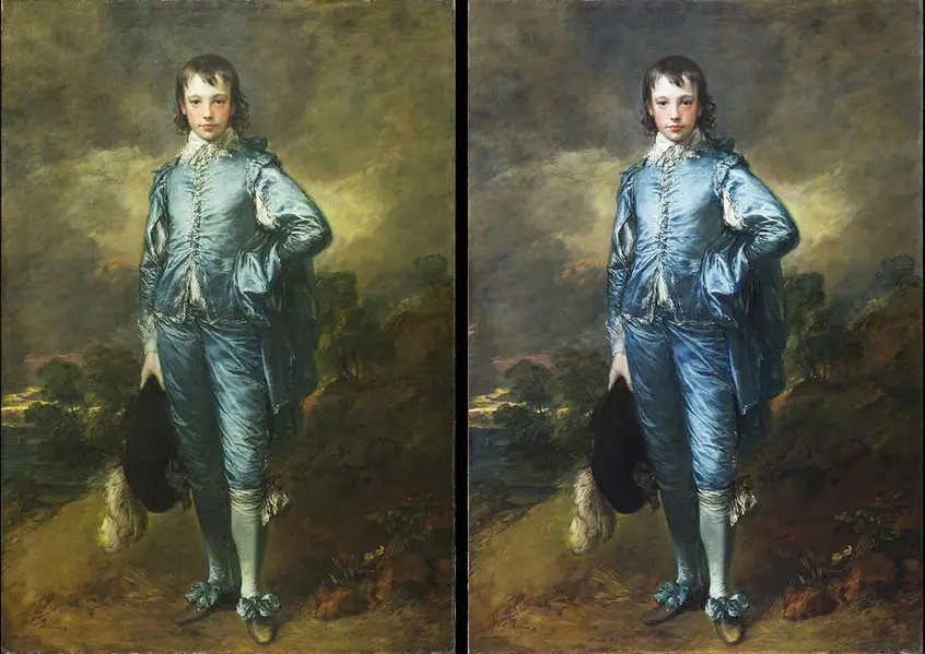 Side-by-side comparison of Thomas Gainsborough’s The Blue Boy. Pre-conservation (left), post-conservation (right). Photo: Christina Milton O’Connell. The Huntington Library, Art Museum, and Botanical Gardens.