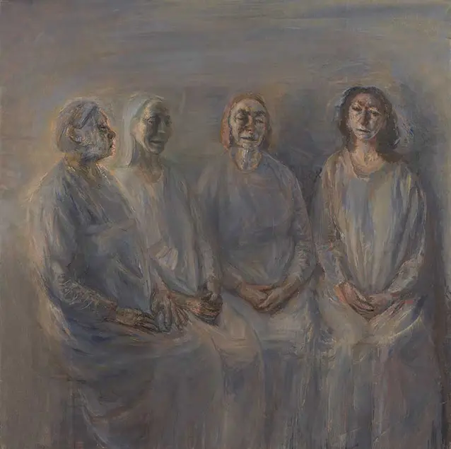 Celia Paul, My Sisters in Mourning, 2015–16. Oil on canvas, 58 1/8 x 58 1/4 x 1 3/8 in. © Celia Paul. Courtesy of the artist and Victoria Miro, London / Venice
