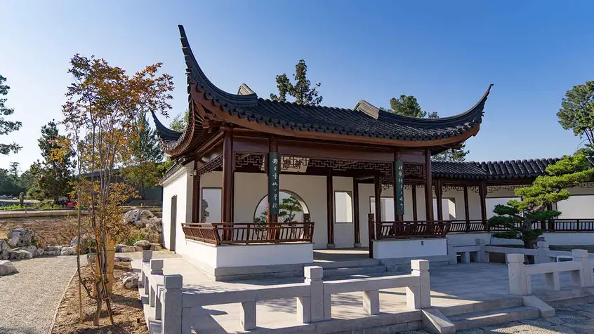 The Pavilion of Myriad Scenes, one of the architectural features within the Verdant Microcosm, the garden’s new penjing complex. The Chinese art of penjing is similar to Japanese bonsai. Photo by Aric Allen. The Huntington Library, Art Museum, and Botanical Gardens.