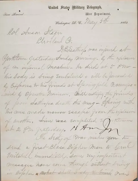 Letter dated May 5, 1862, from Thomas Eckert to Anson Stager, superintendent of the United States Military Telegraph