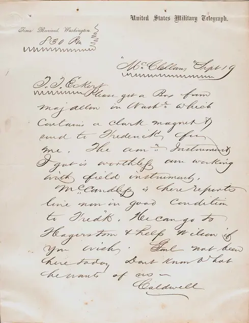 Telegram dated Sept. 19, 1862, from cipher operator A. H. Caldwell to Thomas T. Eckert. 