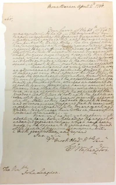 Letter from the Shapiro Collection by George Washington to John Langdon, from April 2, 1788, discussing the ratification of the U.S. Constitution.