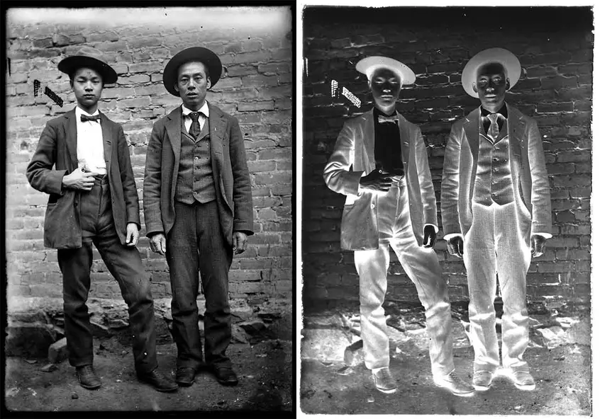Left: Unknown photographer, Two Chinese men in Western suits, Old Chinatown, Los Angeles, ca. 1900. Right: The glass plate negative of the same image. The Huntington Library, Art Museum, and Botanical Gardens.