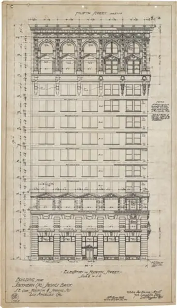 Front-facing architectural drawing of an approximately 12 story building.