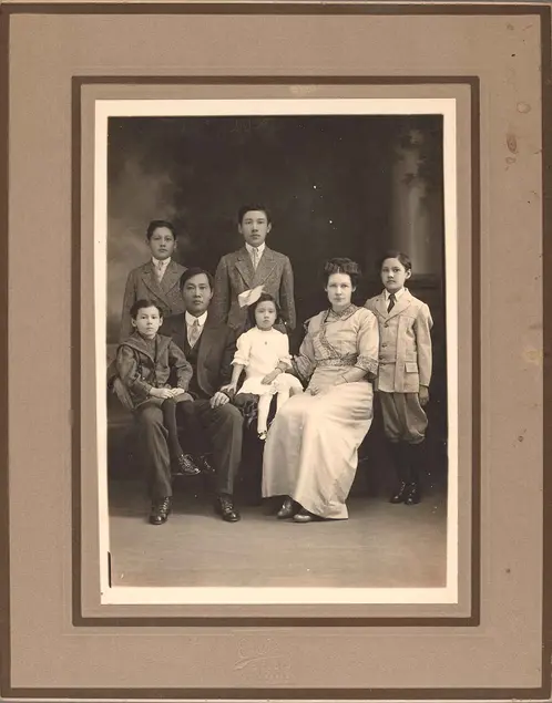 Portrait of the See Family, including Fong See (third from left)  and Letticie “Ticie” Pruett (second from right) and their five children, 1914.  Unknown photographer. The Huntington Library, Art Museum, and Botanical Gardens.