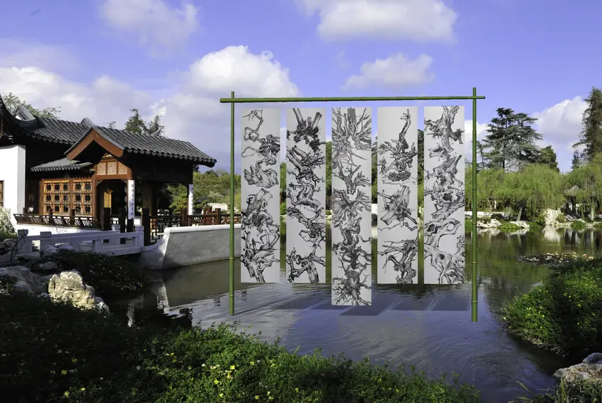 Digital mockup of the installation “Tang Qingnian: An Offering to Roots.” The Huntington Library, Art Collections, and Botanical Gardens