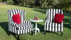 Vertical black and white striped high-back chairs with red velvet pillows sit in an open, grassy field.