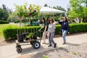 Three people walk with a cart filled with large potted plants.