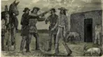 Pencil drawing of two men in hats pointing guns at another two people outside of a barn.