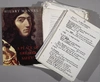 On left, a book cover with a painting of a person with long dark hair; On right, lined paper with handwritten notes.