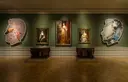 Installation view (L-R): Alex Israel, Self-Portrait (Selfie and Studio Floor), 2014; Thomas Hudson, Lady Frances (Finch) Courtenay, ca.1741; Anthony van Dyck, Anne Kirke, ca. 1637; Peter Lely, Lady Essex Finch, ca. 1675; Alex Israel, Self-Portrait (Signature), 2014. Photo by Fredrik Nilsen, courtesy of The Huntington.