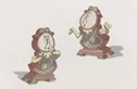 A color sketch of Cogsworth, the talking desk clock. Two poses show him worried, with his 