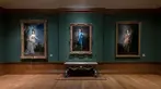 Installation view in the Thornton Portrait Gallery at The Huntington. Left to right: Joshua Reynolds, Diana (Sackville), Viscountess Crosbie, 1777; Thomas Gainsborough, The Blue Boy, 1770; Right: Thomas Gainsborough, Elizabeth (Jenks) Beaufoy, later Elizabeth Pycroft ca.1780.