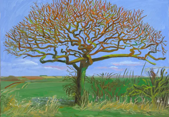 Painting of a bare tree, with many small branches, in a green field and blue sky.