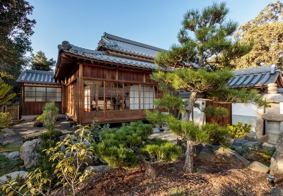 A private garden courtyard at a traditional Japanese home.
