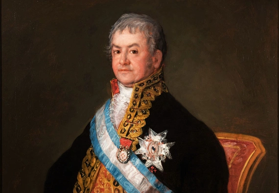 A painted portrait of a Spanish head of state in formal red and black clothing with gold details.