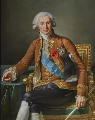 A 17th-century portrait of a French actor and socialite adorned in a brown outer coat with gold trim and a blue sash underneath.