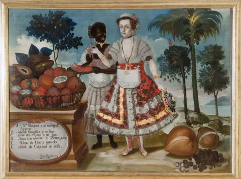 Painting of women in a tropical setting with fruits all around.