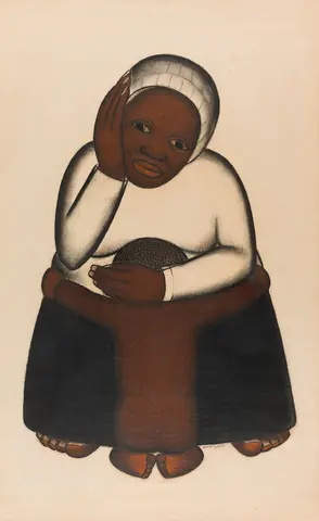 Drawing of a woman cradling a child whose cradling her.