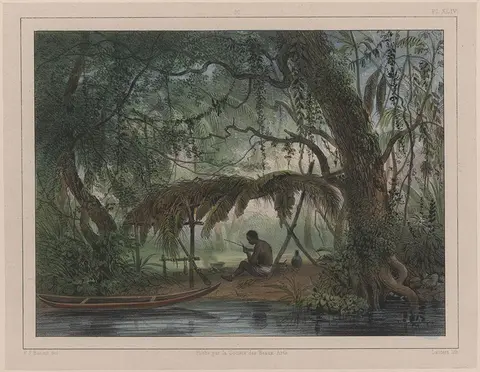 A painting of a man sitting under a tree canopy with a canoe on the shore next to him.