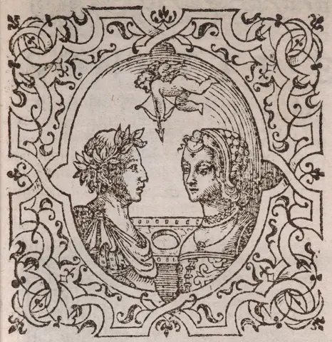 A woodcut print on a book page, depicting two people and a cupid, surrounded by an ornate border.