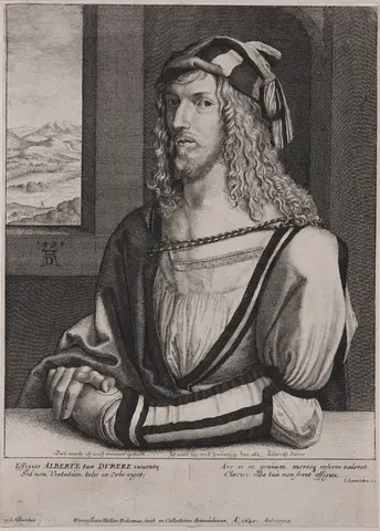 An engraved print of a person in medieval clothing.