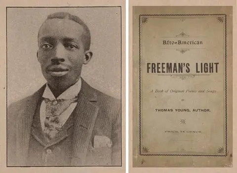 Black and white photo of a book author (left) and title page that says "Freeman's Light" (right).