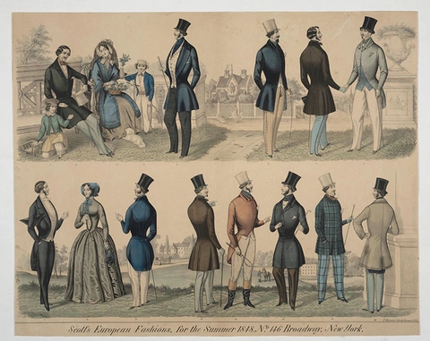 An advertisement poster that shows men and women in the fashion of 1848.