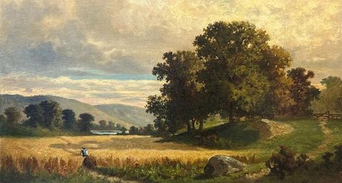 Unframed portrait of a person walking through a field of wheat. A majestic oak tree stands on a nearby hill.