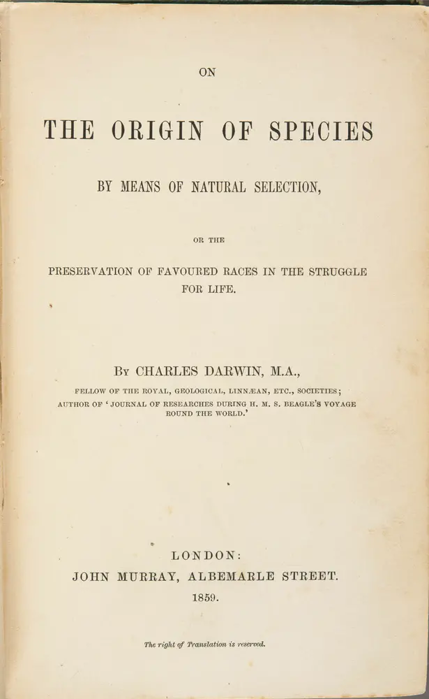 Title page for a book titled "ON THE ORIGIN OF SPECIES"
