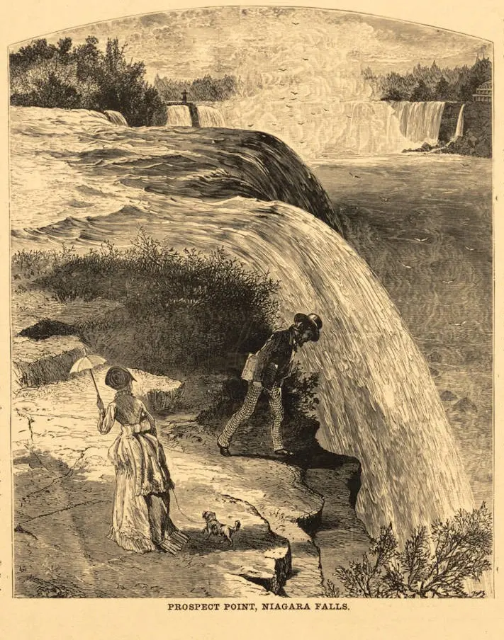Black and white print of a white man and woman standing near the ledge of a large waterfall.