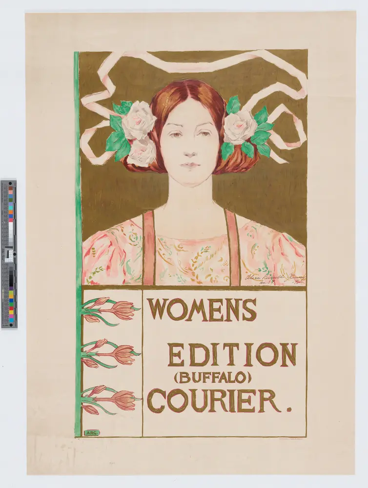 Print of a white woman with pink flowers in her hair. Text below reads "Women's Edition (Buffalo) Courier."