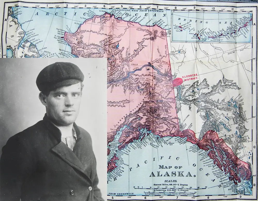 Black and white photo of a person in their twenties or thirties superimposed over a map of Alaska. The map has the Klondike District highlighted in redon the border of Canada and Alaska.