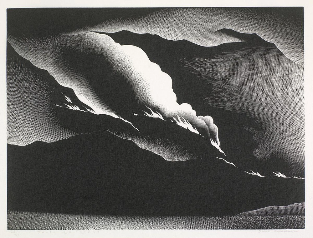 Wood engraving on paper depicting a wildfire with a dark hillside with flames and smoke