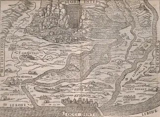 A black and white illustrated map in a book, depicting Renaissance France.