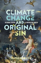 A book cover depicting a sky filled with birds and angelic figures, text fades from light blue to yellow "Climate Change and Original Sin."